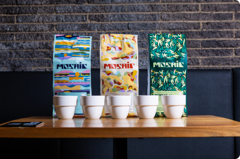 mosaic coffee bags and coffee cups